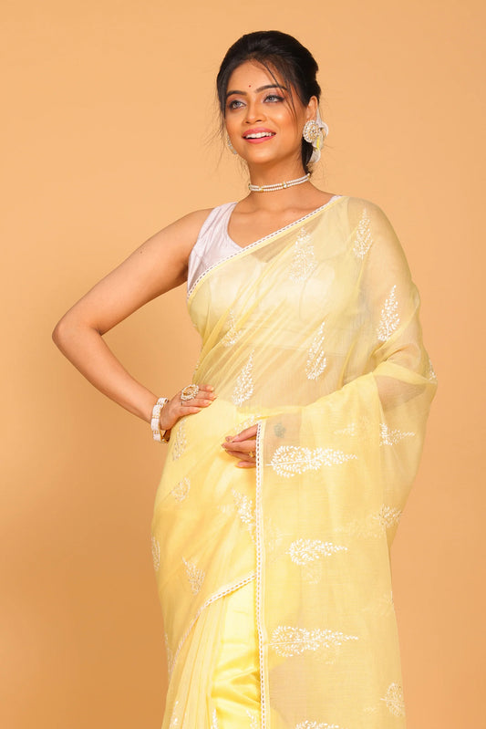 Supernet Cotton Embroidery Saree