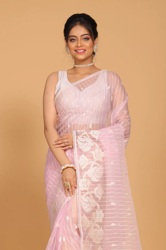 Organza Stripe Embroidery Saree