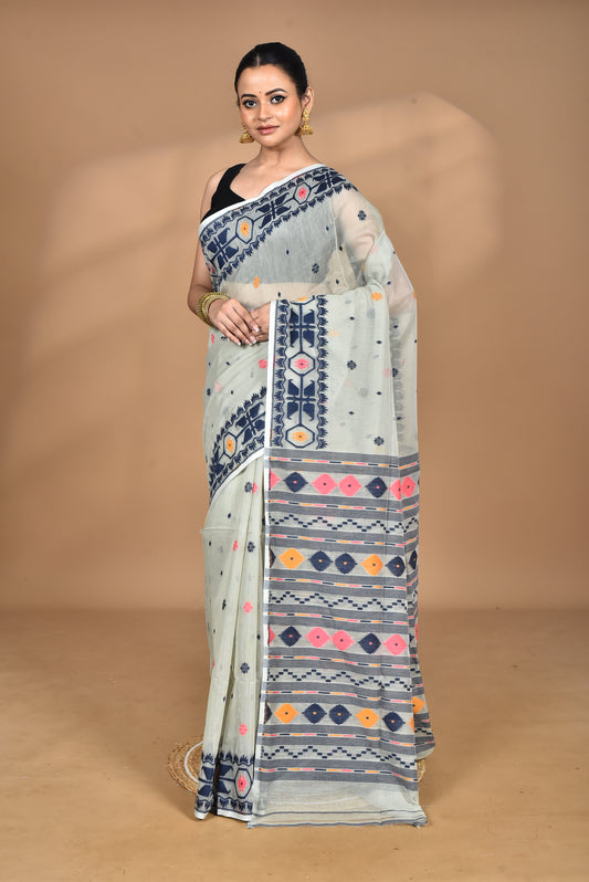 Pure Cotton Dhakai Jamdani Handloom Saree With Blouse Piece