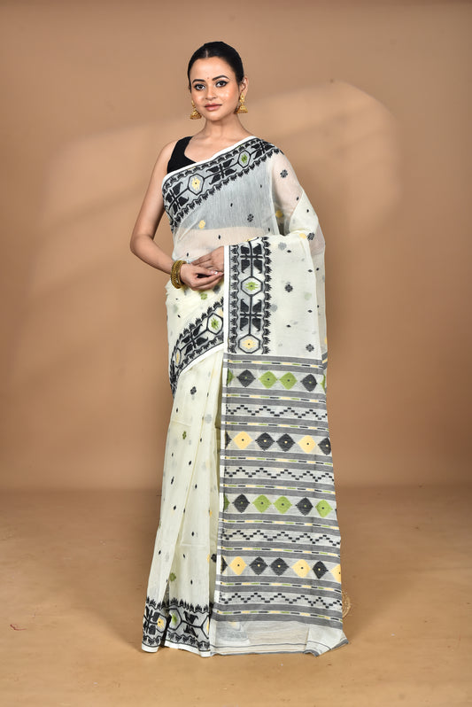 Pure Cotton Dhakai Jamdani Handloom Saree With Blouse Piece