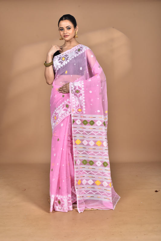 Pure Cotton Dhakai Jamdani Handloom Saree With Blose Piece
