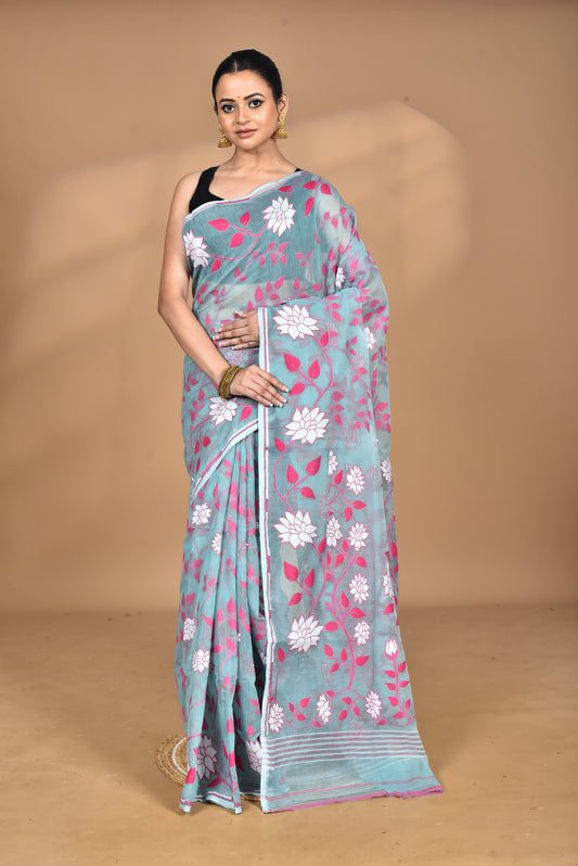 Pure Cotton Dhakai Jamdani Handloom Saree with Blouse Piece