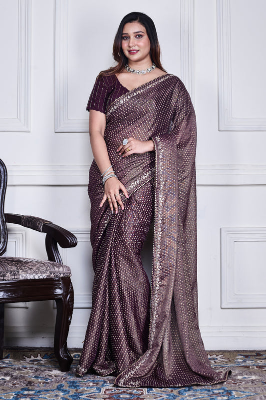PURPLE PURE CHIFFON HAND EMBROIDERY SAREE AND STICHED BLOUSE