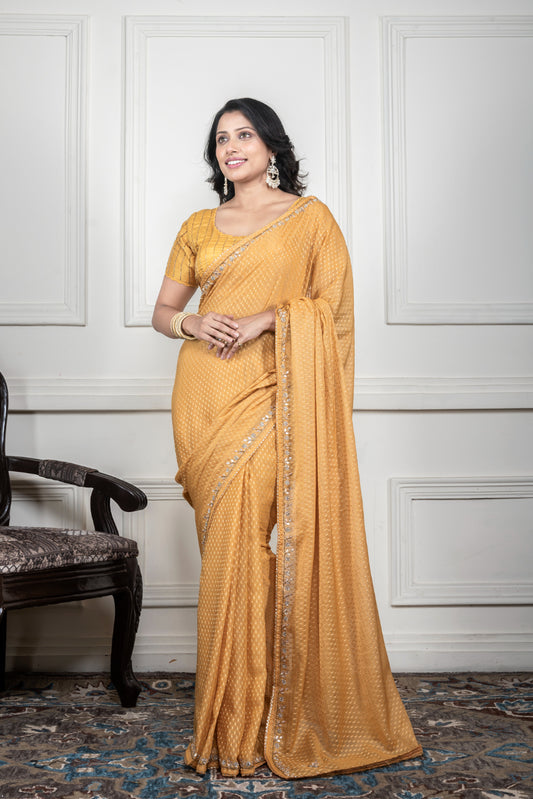 YELLOW PURE CHIFFON HAND EMBROIDERY SAREE AND STICHED BLOUSE
