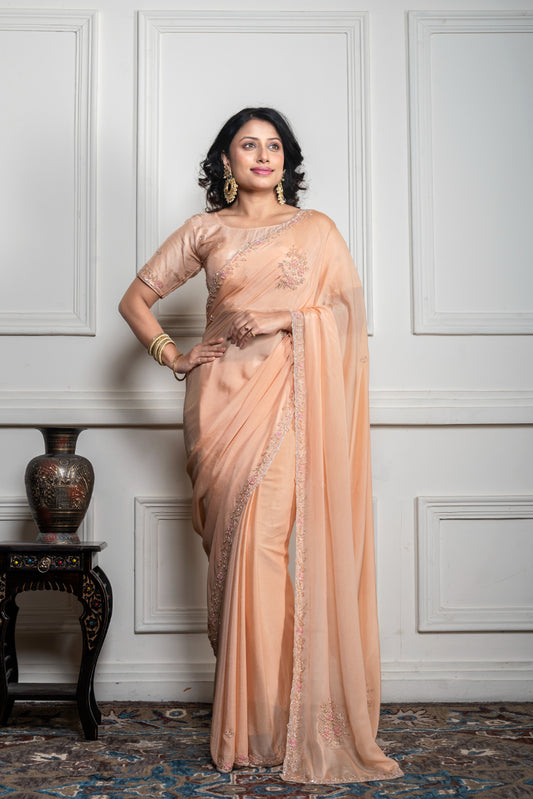 BEIGE CHIFFON HAND EMBROIDERY SAREE AND STICHED BLOUSE