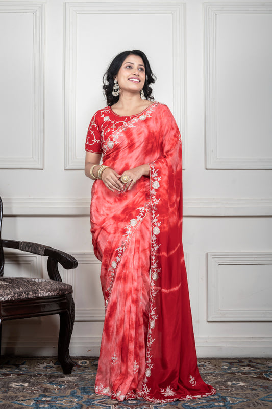 RED CREPE HAND EMBROIDERY SAREE AND STICHED BLOUSE