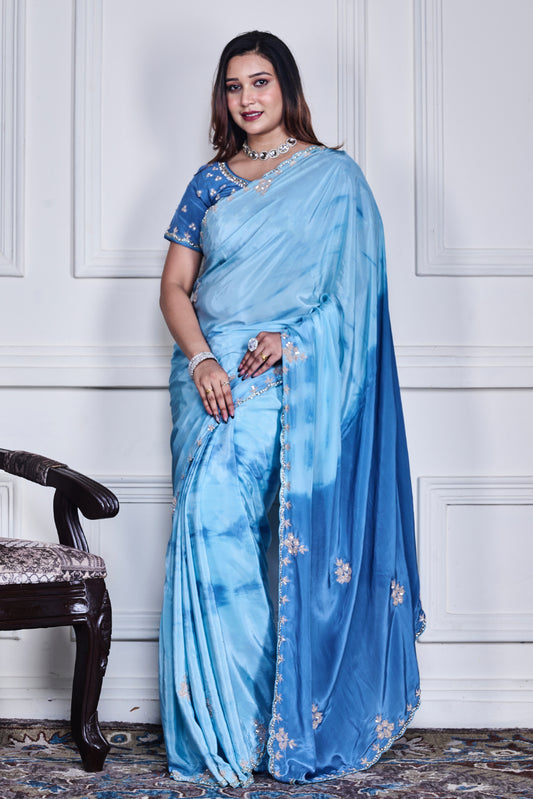 SKY BLUE CREPE HAND EMBROIDERY SAREE AND STICHED BLOUSE