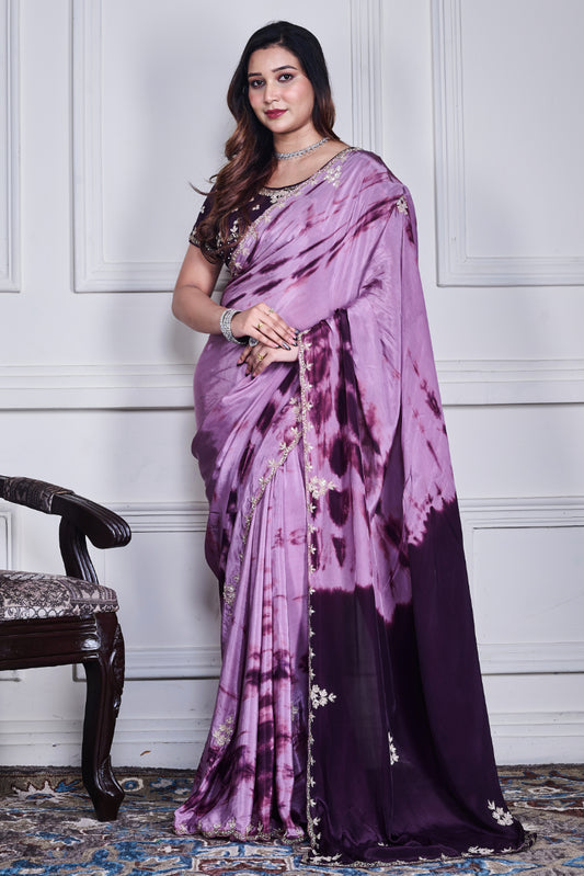 WINE CREPE HAND EMBROIDERY SAREE AND STICHED BLOUSE