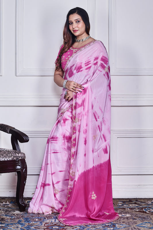 PINK CREPE HAND EMBROIDERY SAREE AND STICHED BLOUSE
