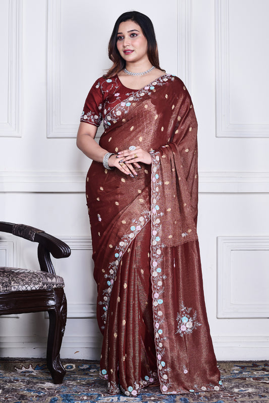 BROWN PURE CHIFFON HAND EMBROIDARY SAREE