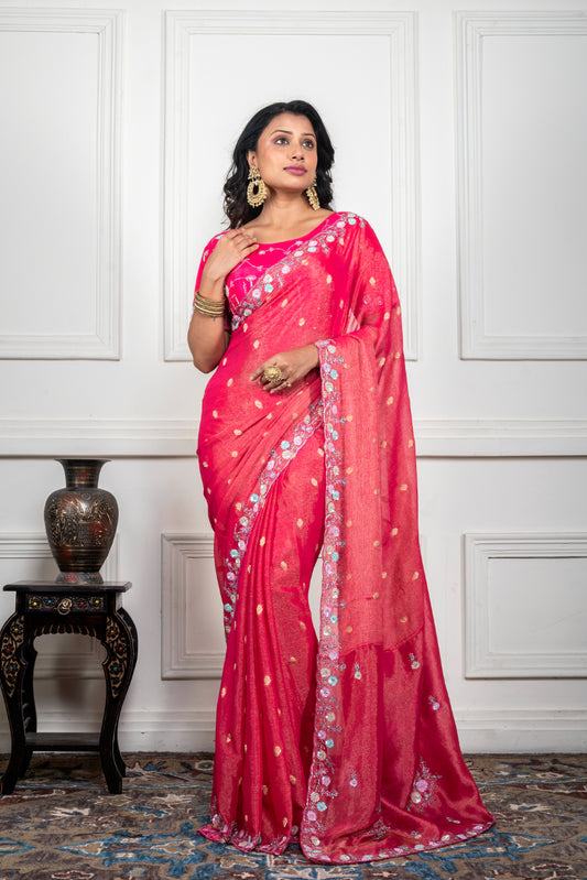 PINK PURE CHIFFON HAND EMBROIDERY SAREE AND STICHED BLOUSE