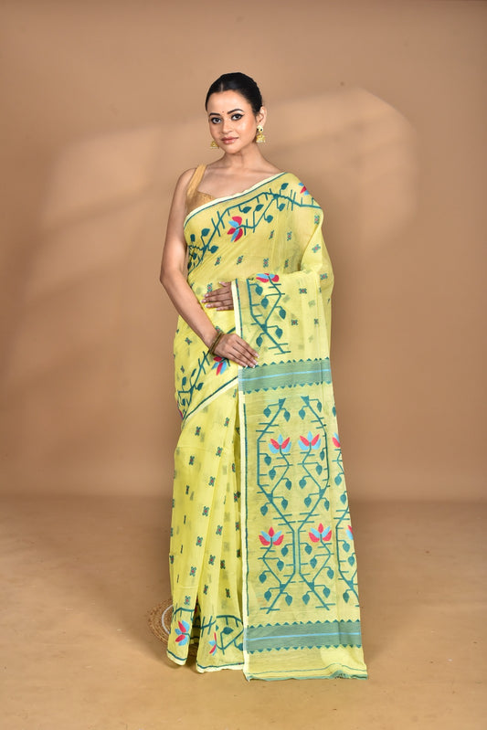 Pure Cotton Dhakai Jamdani Handloom Saree With Blouse Piece