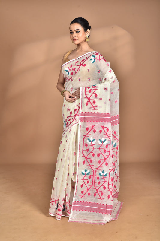 Pure Cotton Dhakai Jamdani Handloom Saree With Blouse Piece