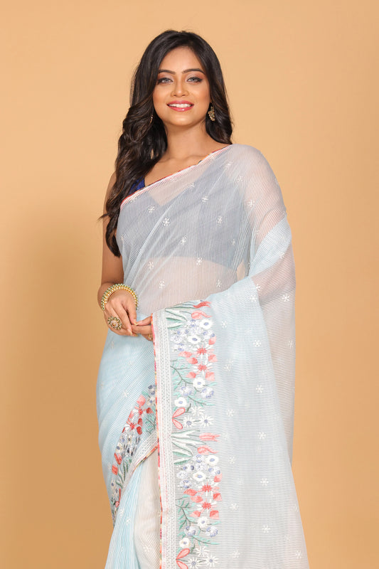 Cotton Kota Stripe Embroidery Saree