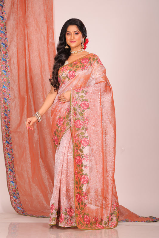 Crush Tissue Silk With Cross Stich Embroidery Border Saree