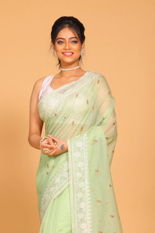 Supernet Cotton Embroidery Saree