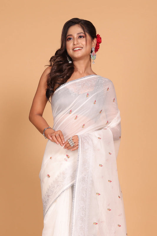 Supernet Cotton Embroidery Saree