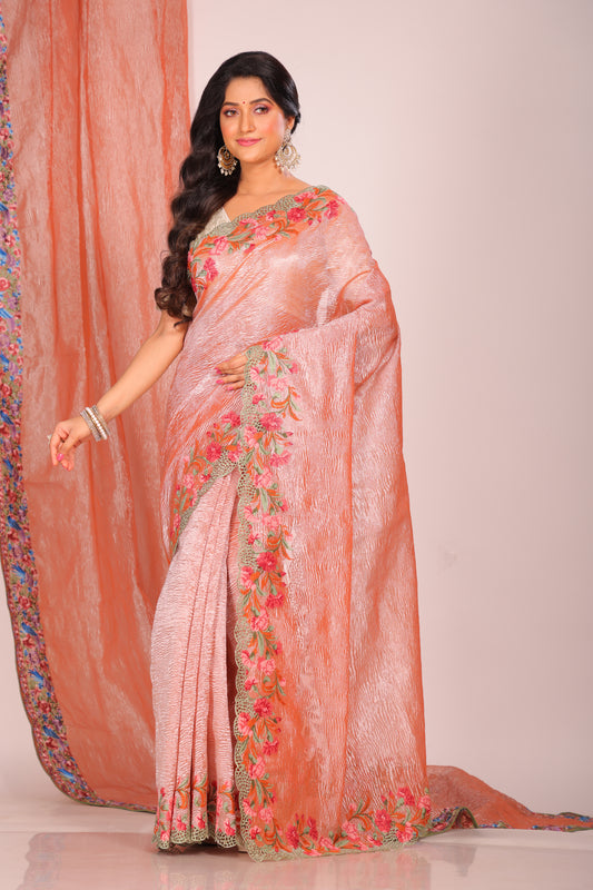 Crush Tissue Silk With Cross Stich Embroidery Border Saree