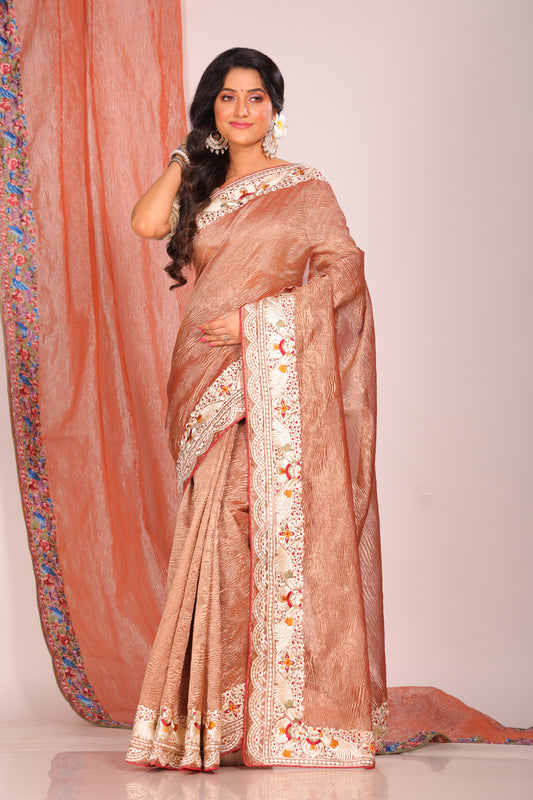 Crush Tissue Silk With Parsi Embroidery Border Saree