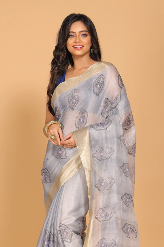 Kota Tissue Striped Embroidery Saree