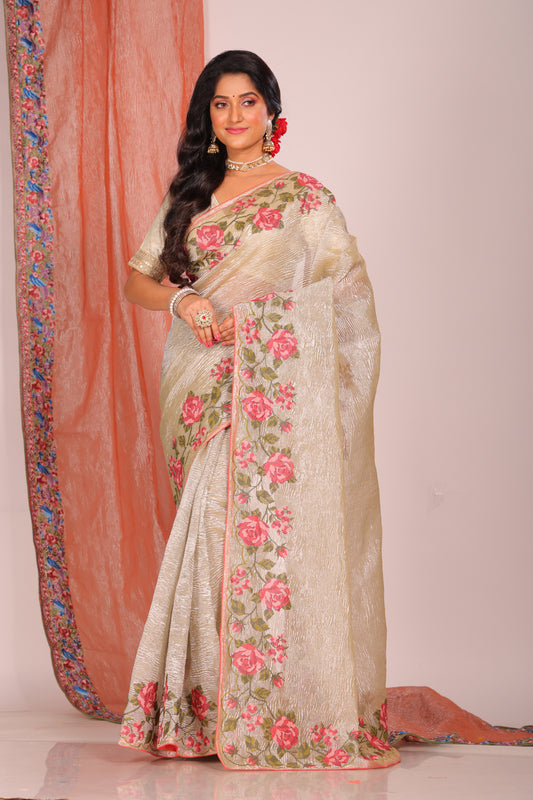 Crush Tissue Silk With Cross Stich Embroidery Border Saree