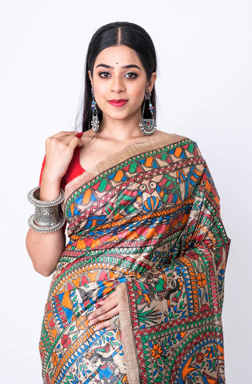 Tussar Madhubani Full Work Saree