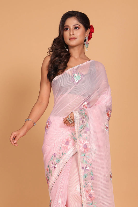 Cotton Kota Stripe Embroidery Saree