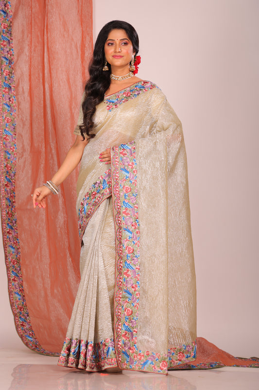 Crush Tissue Silk With Parsi Embroidery Border Saree