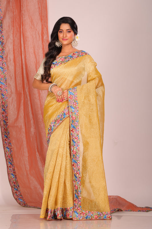 Crush Tissue Silk With Parsi Embroidery Border Saree