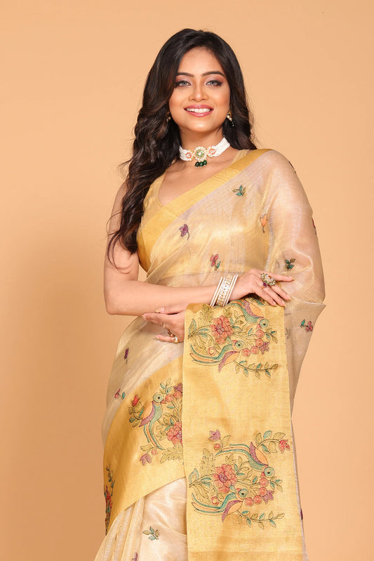 Kota Gold Zari Tissue Embroidery Saree