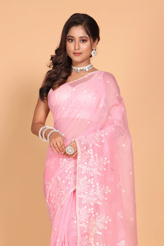 Supernet Cotton Embroidery Saree