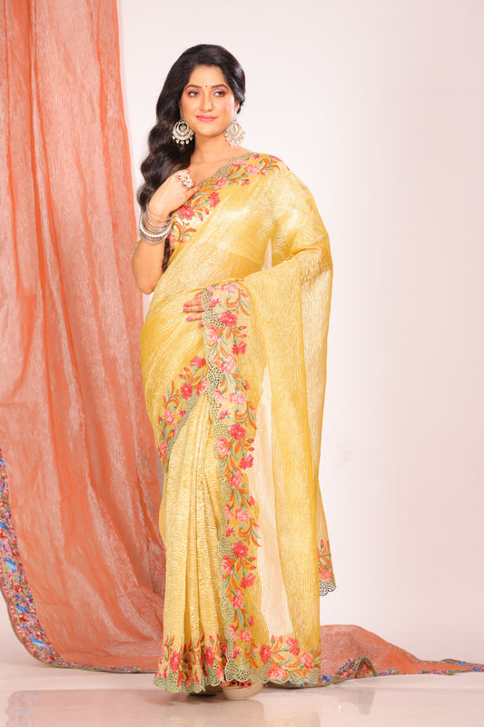 Crush Tissue Silk With Cross Stich Embroidery Border Saree