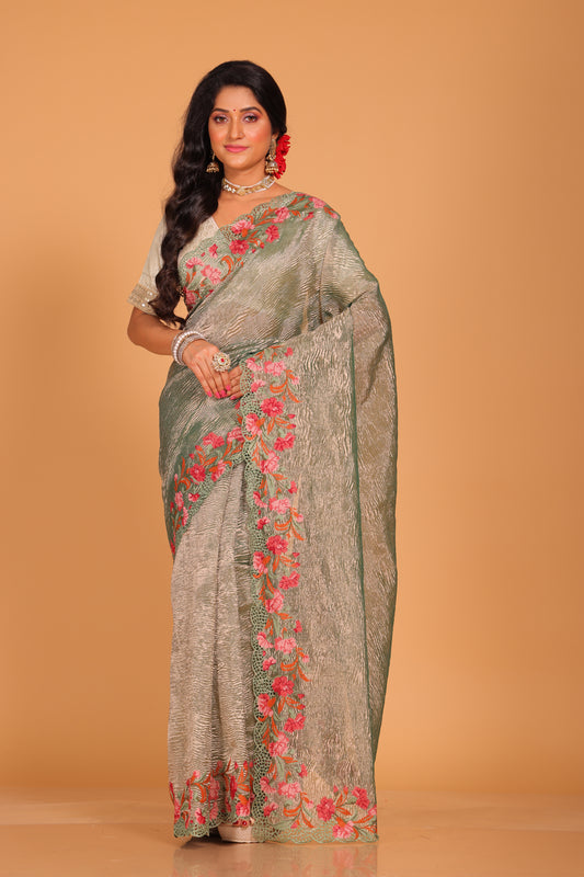 Crush Tissue Silk With Cross Stich Embroidery Border Saree