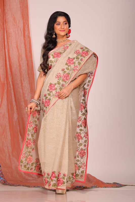 Crush Tissue Silk With Cross Stich Embroidery Border Saree