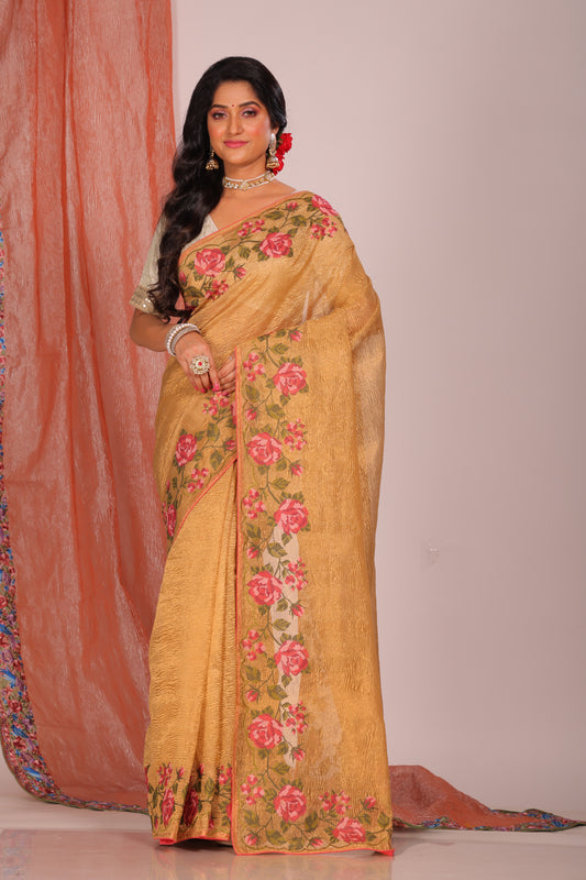 Crush Tissue Silk With Cross Stich Embroidery Border Saree