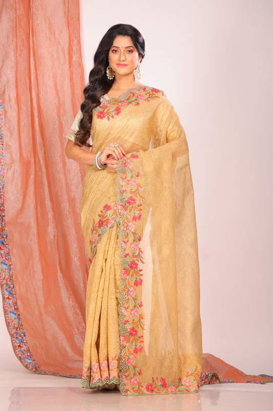 Crush Tissue Silk With Cross Stich Embroidery Border Saree