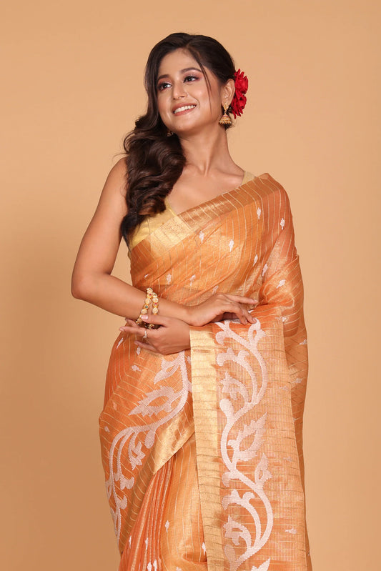 Kota Tissue Striped Embroidery Saree