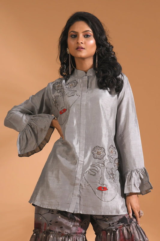 SHORT TOP WITH PRINTTED PLAZO