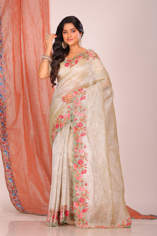 Crush Tissue Silk With Cross Stich Embroidery Border Saree