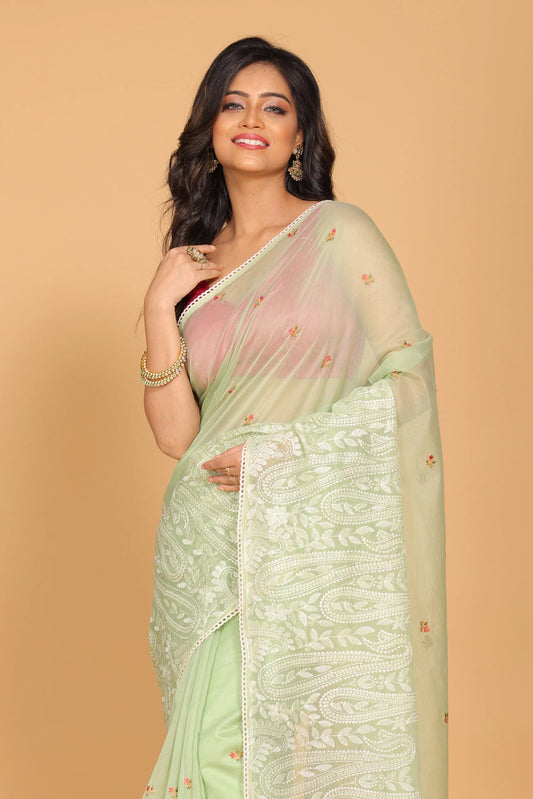 Supernet Cotton Embroidery Saree