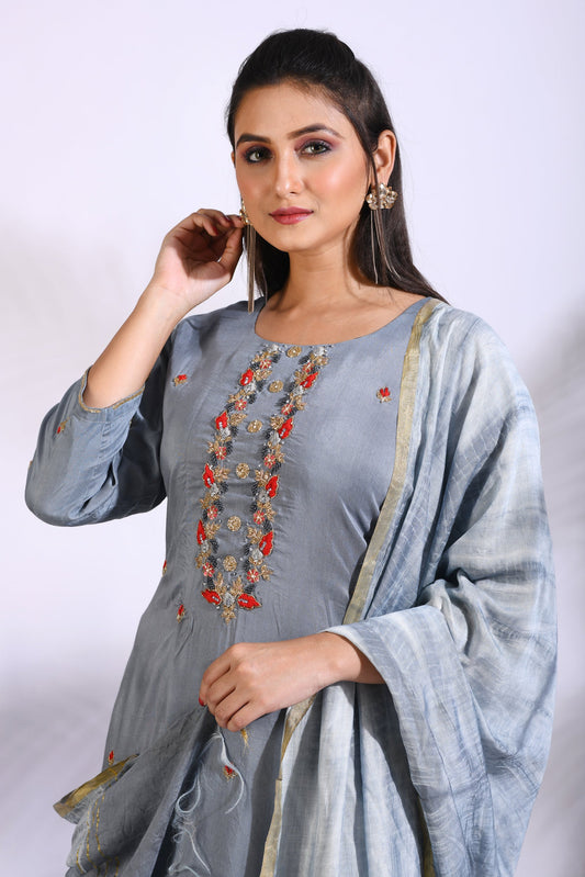 Palazzo With Long Jacket And Dupatta With Hand Embroidery