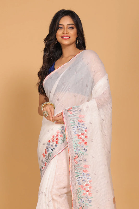 Cotton Kota Stripe Embroidery Saree