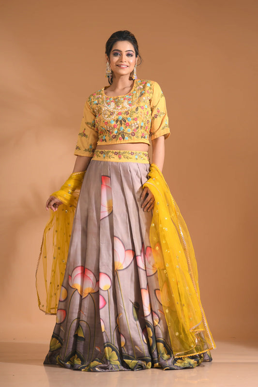 Crop Top With Printed Shirt And Net Dupatta