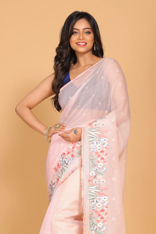 Cotton Kota Stripe Embroidery Saree