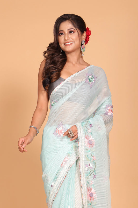 Cotton Kota Stripe Embroidery Saree