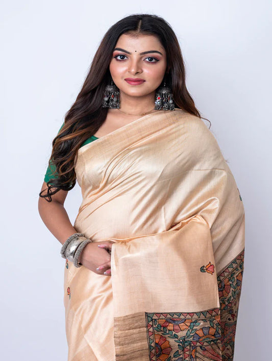 Staple Ghicha Mdhubani Print Saree