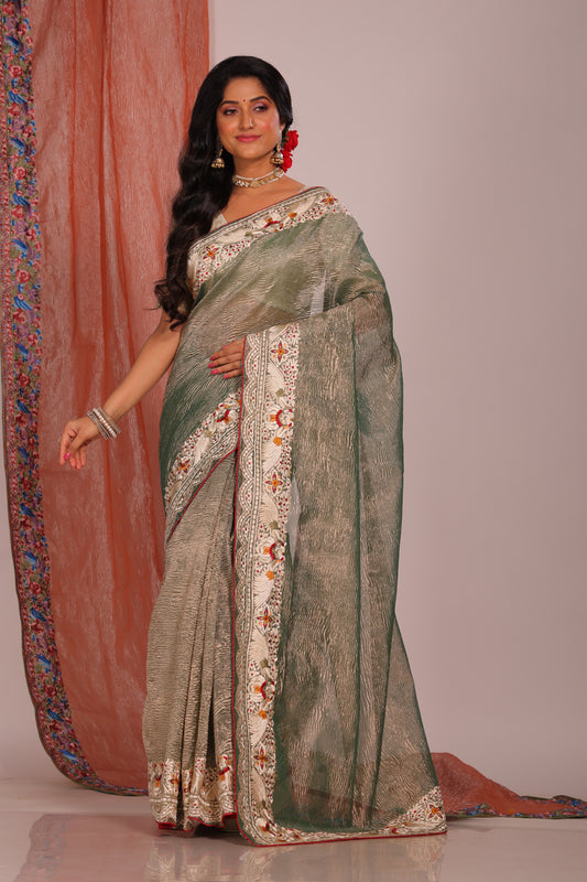 Crush Tissue Silk With Parsi Embroidery Border Saree