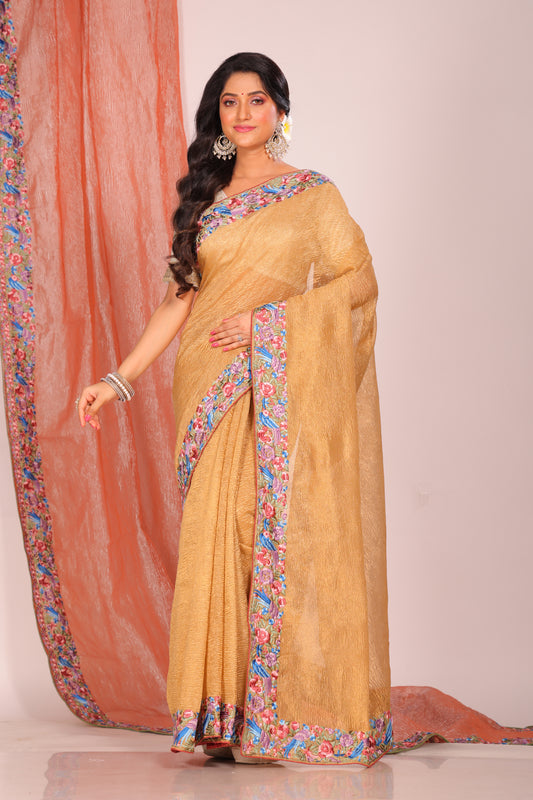 Crush Tissue Silk With Parsi Embroidery Border Saree