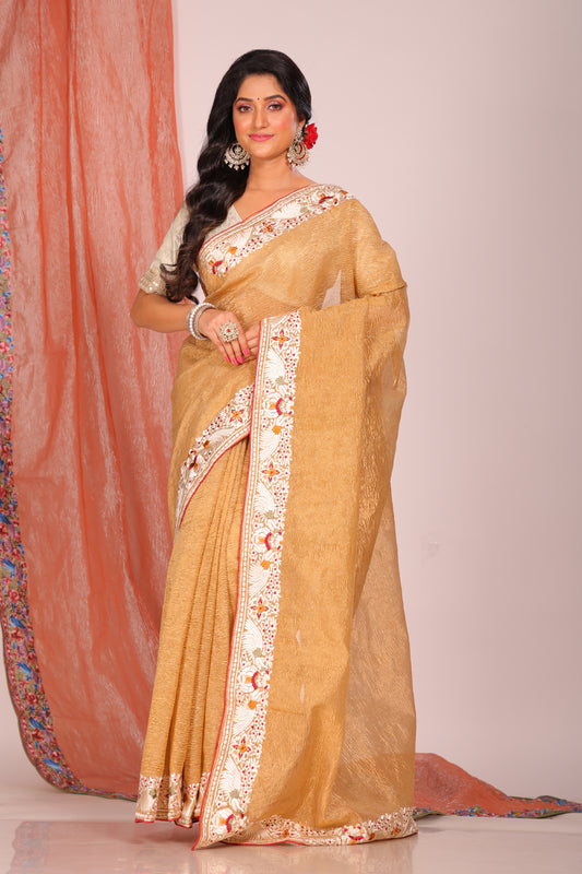 Crush Tissue Silk With Parsi Embroidery Border Saree