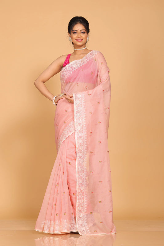 Supernet Cotton Embroidery Saree